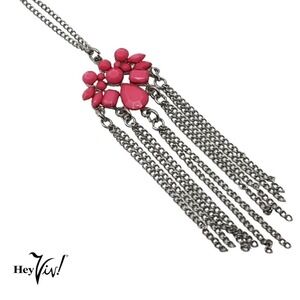Vintage Silver and Pink Bead Fringed Drop Pendant Necklace w 23" Chain - Hey Viv